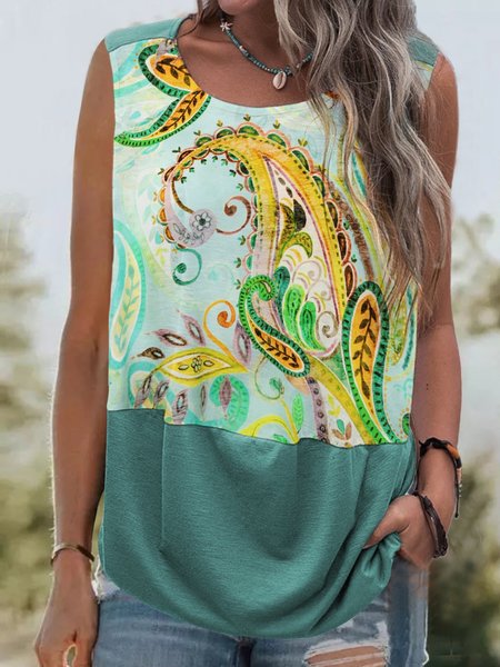 

Summer Paisley Holiday print sleeveless vest Boho Tops, Green, Tanks & Camis