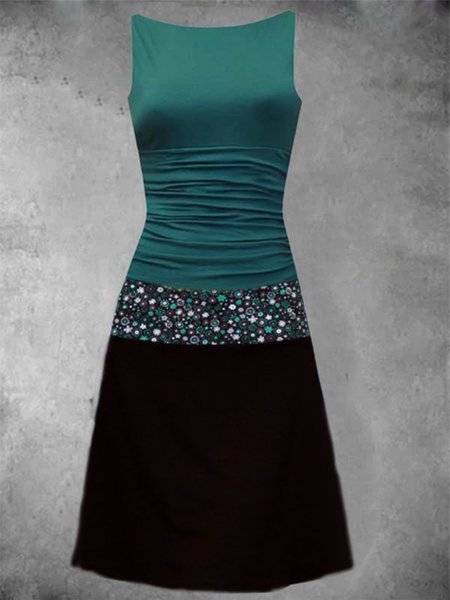 Vintage senza maniche Stampato Abito, Verde, Dresses