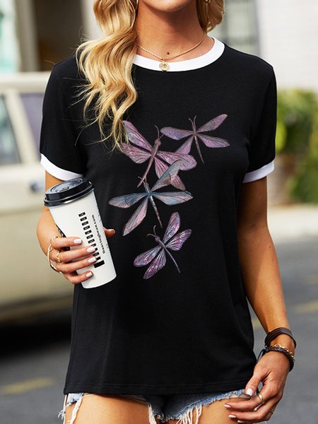 

Four Dragonflies Graphic Ringer Tee, Black, T-shirts