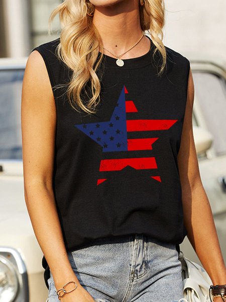 

American Independence Day Pentagram American Flag Graphic Vest Top, Black, Tank Tops