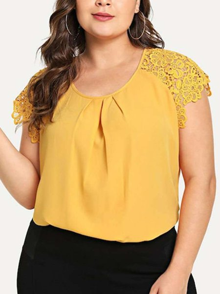 

Casual Short Sleeve Crew Neck Polyester Fibre Tops, Yellow, Tops