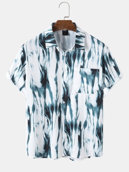 

Mens Marble Pattern Lapel Short Sleeve Shirt With Pocket, Blue, Men's Floral shirt
