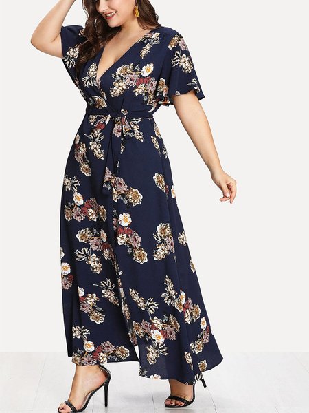 Frill Sleeve Floral Ruffled Shift Weaving Dress, Deep blue, Floral Dresses