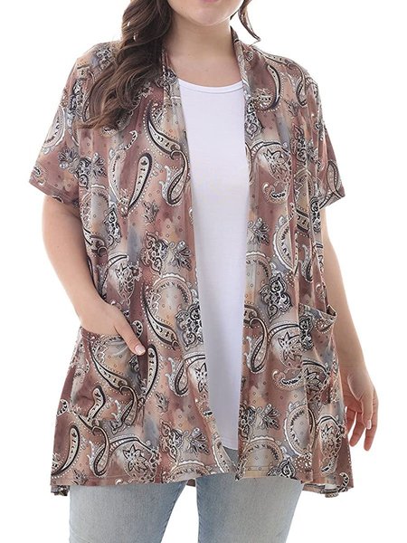 

Women's Plus Size Short Sleeve Lightweight Soft Printed Drape Cardigan with Pockets, Brown, T-Shirts