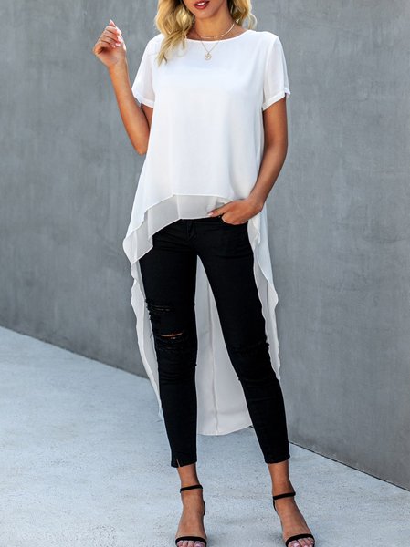

Short Sleeve Crew Neck Work Casual Blouse, White, Blouses and Shirts