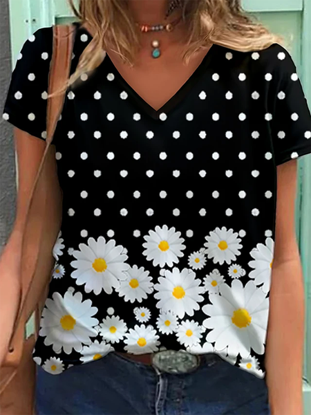 

Misto Cotone Casuale Maniche Corte Stampato Floreale Top, Nero, Tops