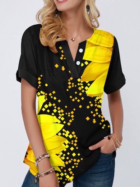 

V Neck Short Sleeve Casual Tunic, Black, Tees & T-shirts