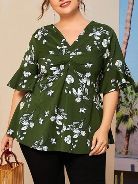 

Short Sleeve Casual Cotton-Blend Tops, Green, T-Shirts