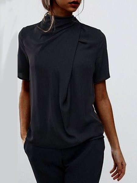 

Semplice Dritto Maniche Corte Increspato Camicie & Top, Nero, Tops