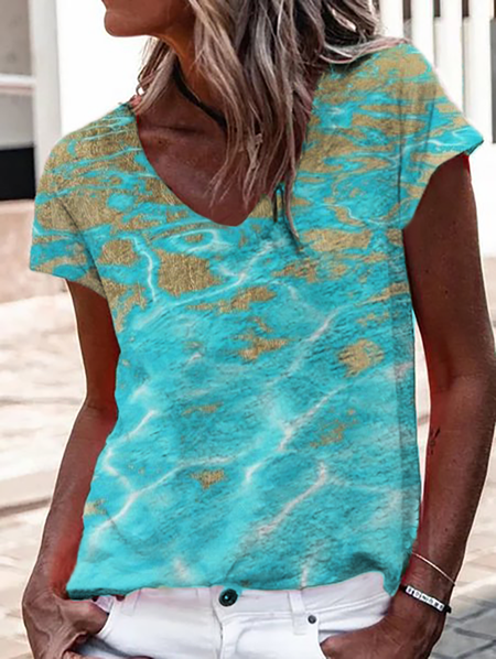 

Vacanza Maniche Corte Stampato Top, Blu, T-Shirts