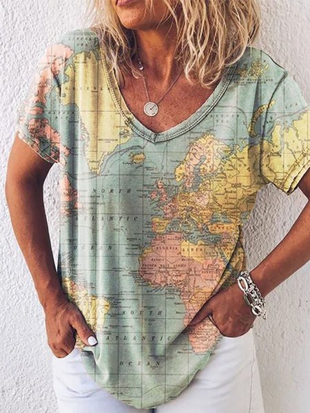 

Printed V Neck Cotton Short Sleeve T-shirt, Multicolor, T-Shirts