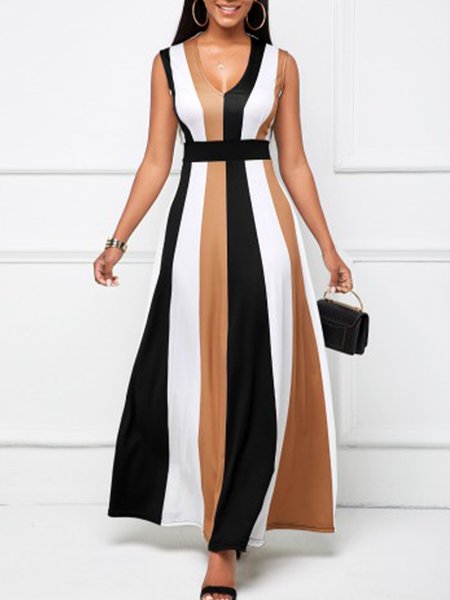 

A-line a Strisce senza maniche Maxi Abito, Cachi, Maxi Dresses