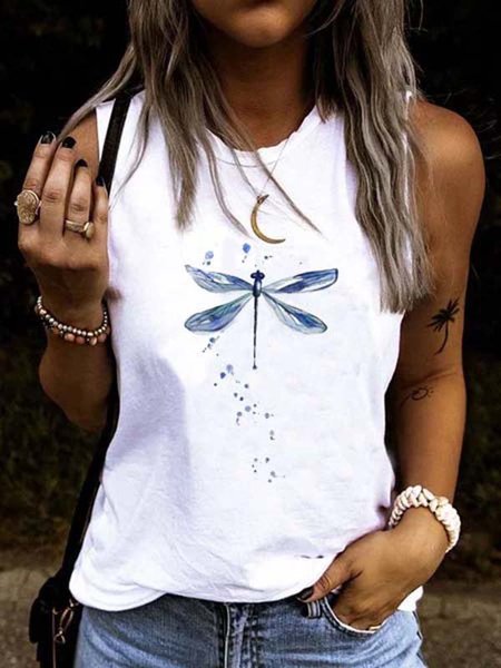 

Stampato Girocollo senza maniche Top, Bianco, Tops