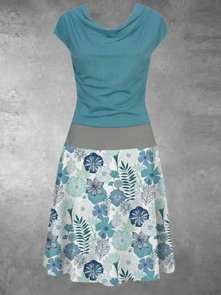 

Abito Floreale Colore-block Maniche Corte, Blu, Dresses