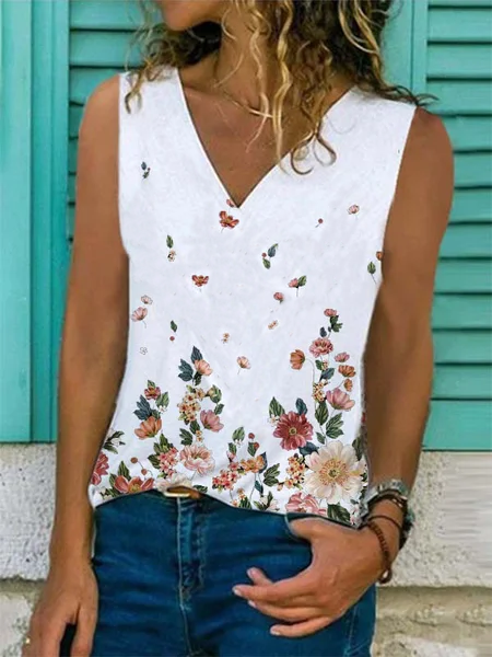 

Sleeveless Casual Floral-Print Cotton-Blend Top, White, Tank Tops & Camis