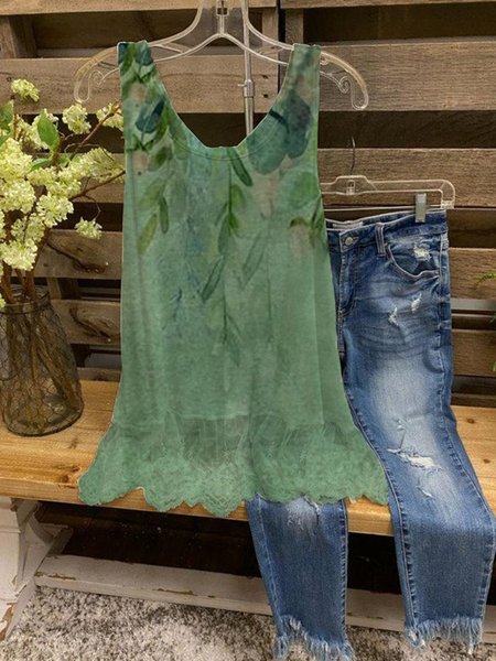 

Vintage Le foglie Stampata Floreale Senza Maniche Scollo a V Casuale Top, Verde, Tops