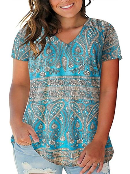 

Polyester Fibre Casual Tribal Short Sleeve T-shirt, Blue, T-Shirts