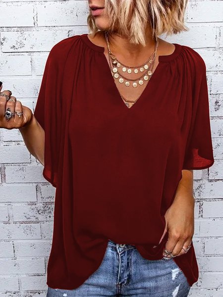 

Maniche Corte Scollo a V Casuale Top, Vino rosso, Blouses & Shirts