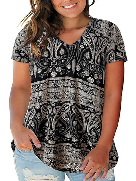 

Tribal V Neck A-Line Casual T-shirt, Black, T-Shirts