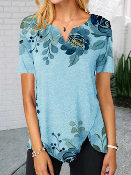 

Floreale Maniche Corte Stampato Misto Cotone Scollo a V Casuale Estate Blu Superiore, Tops