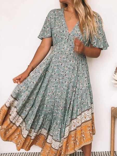 

Misto Cotone Maniche Corte Abito, Verde, Midi Dresses