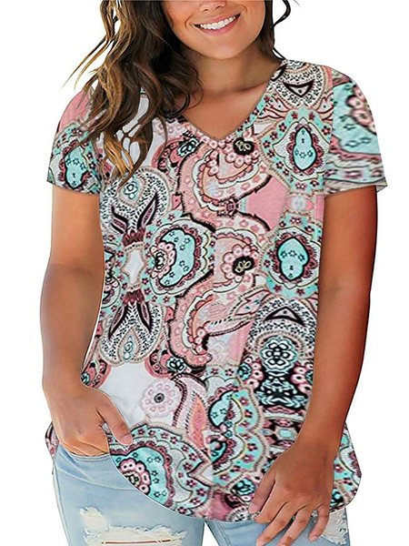 

Women's Plus Size Floral Tops V Neck T-Shirts Short Sleeve Casual Tees, Multicolor, T-Shirts