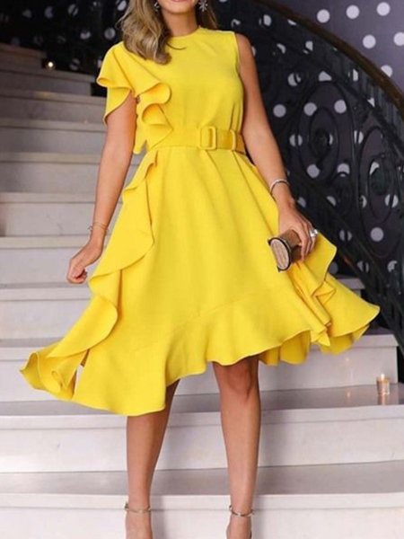 

Mini Dresses A-Line Daily Plain Dress, Yellow, Midi Dresses