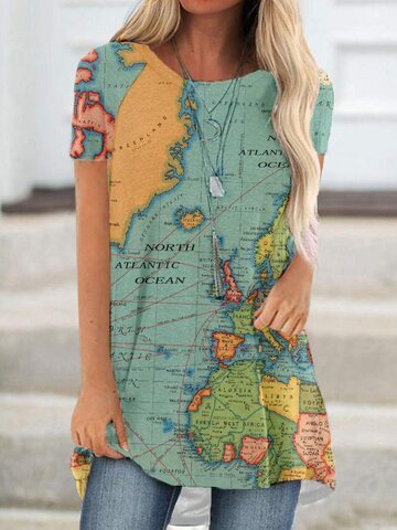 

Women Map Casual Crew Neck Shirt Summer Top, Blue, T-shirts