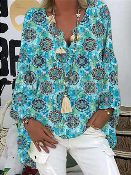 

V Neck Printed Long Sleeve Casual Tops, Blue, Blouses