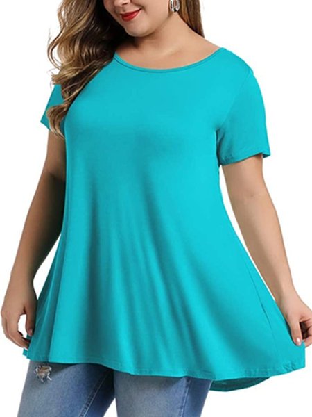 Short Sleeve A-Line Elastane Crew Neck Tops, Blue, T-Shirts