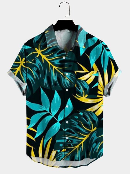

Mens Palm Leaf Print Pocket Lapel Casual Loose Short Sleeve Hawaiian Shirt, Black, Men's shirts