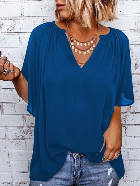 V Neck Cotton Casual Tops, Blue, Blouses & Shirts
