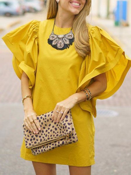 Girocollo Maniche Corte Tinta unita Abito, Giallo, Dresses