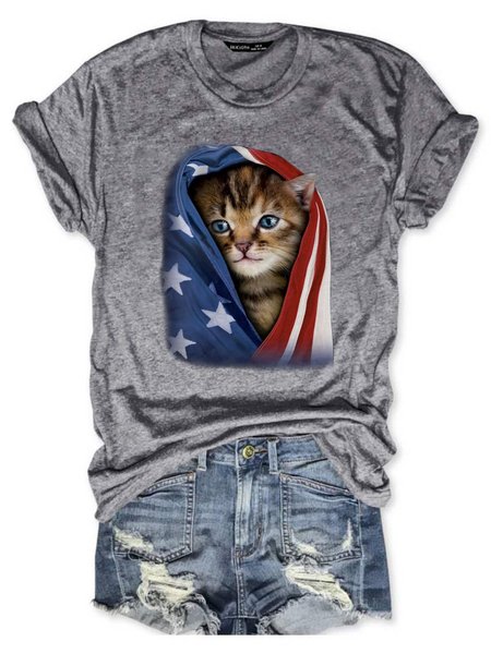 

Cat Graphic Short-Sleeved Loose T-shirt, Gray, T-shirts