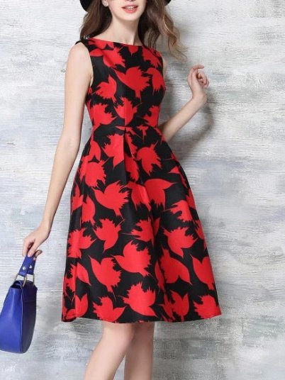 

A-Line Elegant Floral Printed Midi Dress, As picture, Midi Dresses