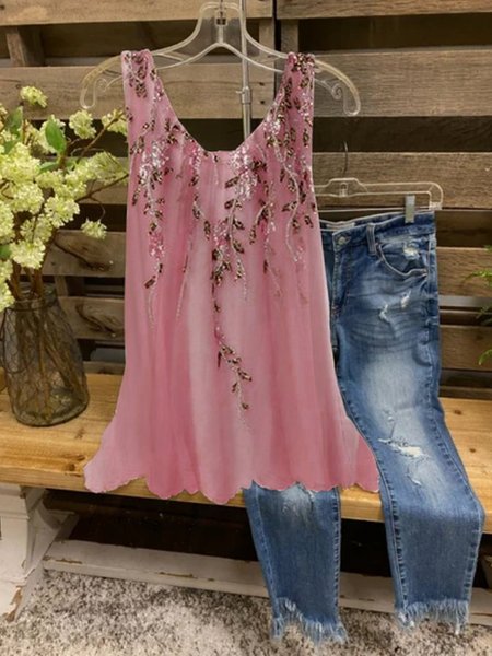 

Le foglie senza maniche Stampato Misto Cotone Girocollo Dolce Estate Rosa Superiore, Tops