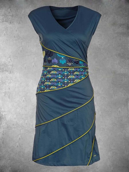 

Paisley Maniche Corte Stampato Misto Cotone Scollo a V Vintage Estate Blu Abito, Dresses