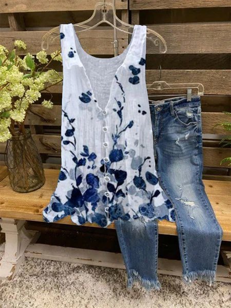 

Grande Taglia camicia con Stampa - floreale Risvolto, Bianco, Tank Top