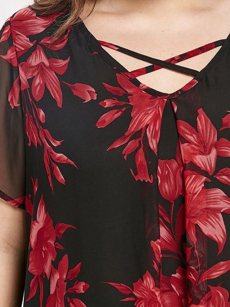 

Plus Size Women Blouses Double Chiffon Print Blouse Women Short Sleeve Loose Shirt Tops, As picture, Shirts & Blouses