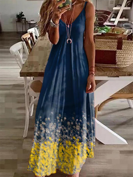 Casuale Stampato Floreale Scollo a V Abito, Blu, Dresses