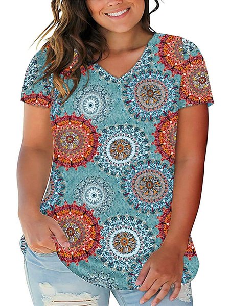 

Women's Plus Size L- Floral Tops V Neck T-Shirts Short Sleeve Casual Tees, Multicolor, T-Shirts