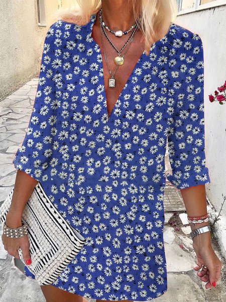 

Abito Floreale Scollo a V 3/4 Manica Bohemian, Blu, Dresses