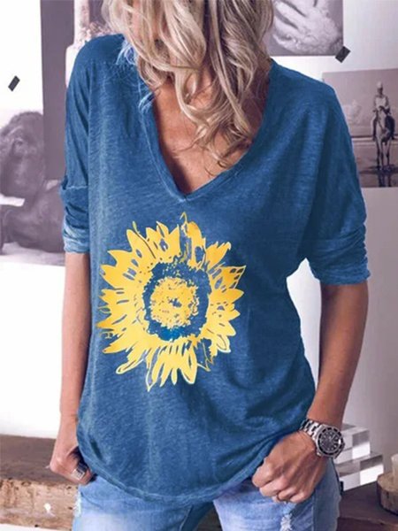 

Floreale Scollo a V Casuale Maniche Lunghe Camicie & Top, Blu, T-Shirts