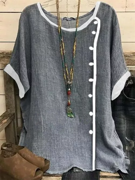 

Casuale Maniche Corte Girocollo Abbottonato Top, Grigio, Tops