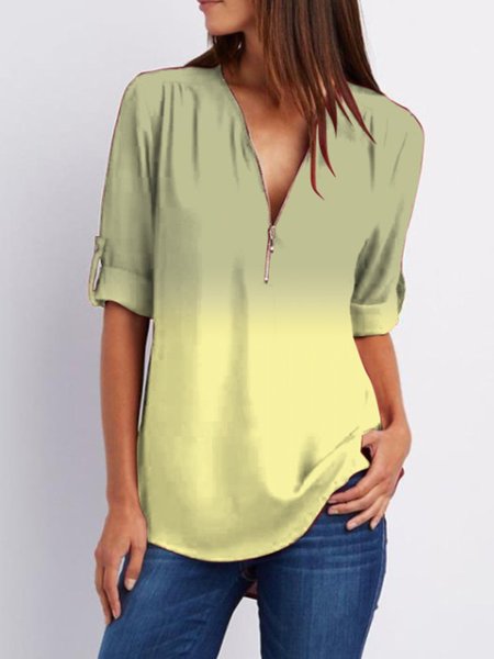 

Vintage Gradient Long Sleeve V Neck Zipper Plus Size Casual Tops, Yellow, Blouses & Shirts