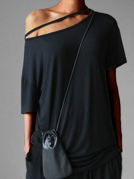 

Casuale Maniche Corte Tinta unita Spalla Nuda Top, Nero, Tops