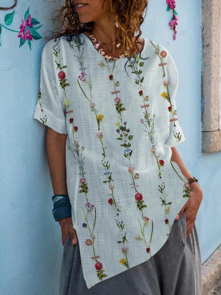 

Floreale Dritto Girocollo Maniche Corte Top, Bianco, Tops