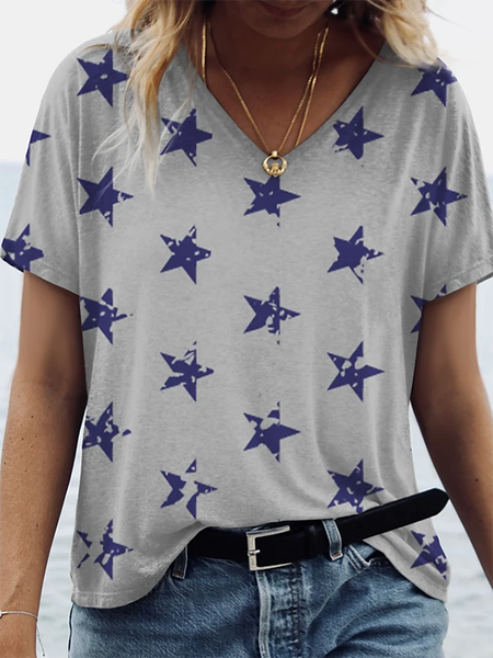 

Stampato Scollo a V Casuale Maniche Corte Top, Grigio, Tops