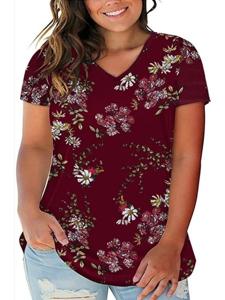 

V Neck Short Sleeve Casual A-Line T-shirt, Wine red, T-Shirts