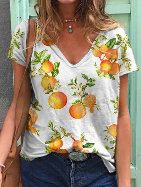 

Orange Graphic Short-Sleeved Casual Tee, As picture, T-shirts